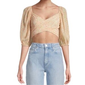 Lush Crossover Floral Cottagecore Feminine Crop Top Puff Sleeve